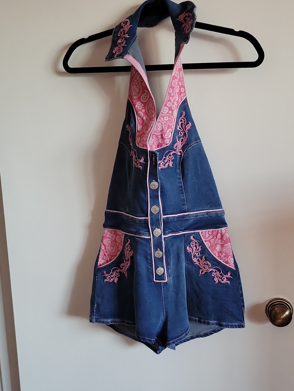 DOLLS KILL Pink & Navy Halter One-Piece Romper